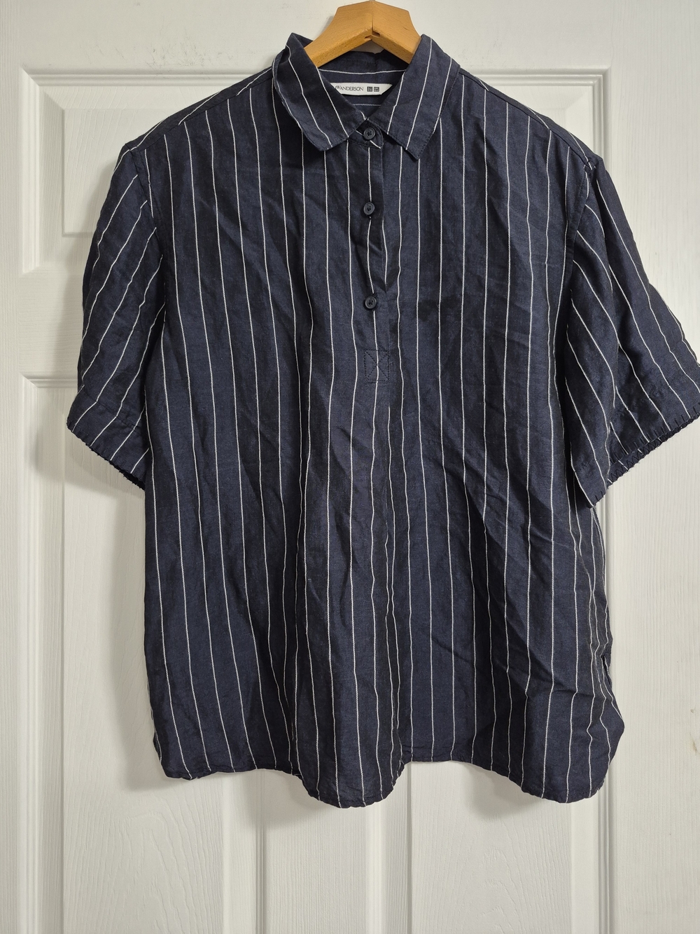 JW ANDERSON Navy Blue Short-Sleeve Vertical Stripe Shirt 48% Linen